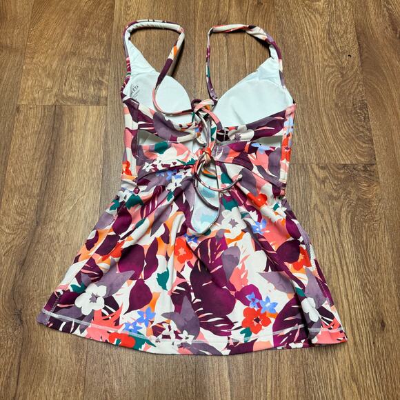 Athleta Womens Purple Floral Lace Up Tankini Swim Suit Top Size Small Tall ST - Picture 2 of 7